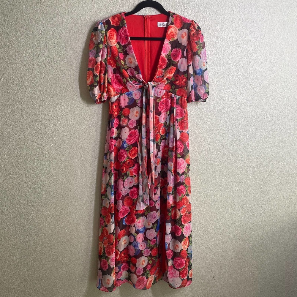 Ieena for MacDuggal 4 Puff Sleeve Shift Dress Red Floral Side Slit V Neck - Picture 2 of 9
